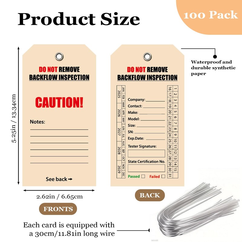 100 Pack Waterproof Backflow Inspection Tags,with Steel Wires,Maintenance Record Tag