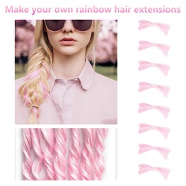 TOFAFA 16 PCS Colored Hair Extensions Curly Wavy Clip in Synthetic Hairpiece Streak for Girls Women Kid, Multi-colors Party Highlights (Light Pink)