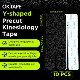 OK TAPE Precut Y-Shape Kinesiology Tape for Shoulder, Knee, Back, 10 Pcs, K Tape Strips, Provide Support & Relieve Discomfort, Water-Resistant Elastic Athletic Tape (3.5" x 10", Black)
