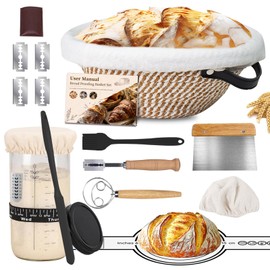 Sourdough Starter Kit,Banneton Bread Proofing Basket 10Inch Round,Sourdough Bread Baking Supplies With Starter Jar,Bread Sling,Lame,Danish Dough Whisk Sourdough Kit Gifts (Khaki)