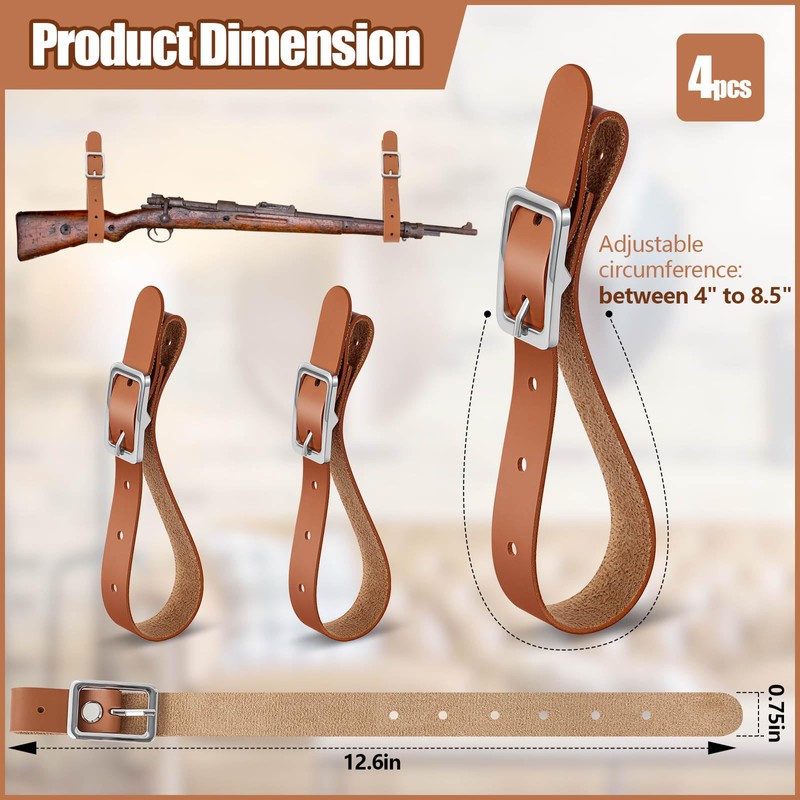 Vercraft 4 Pcs Leather Adjustable Gun Rack Straps Wall Mount