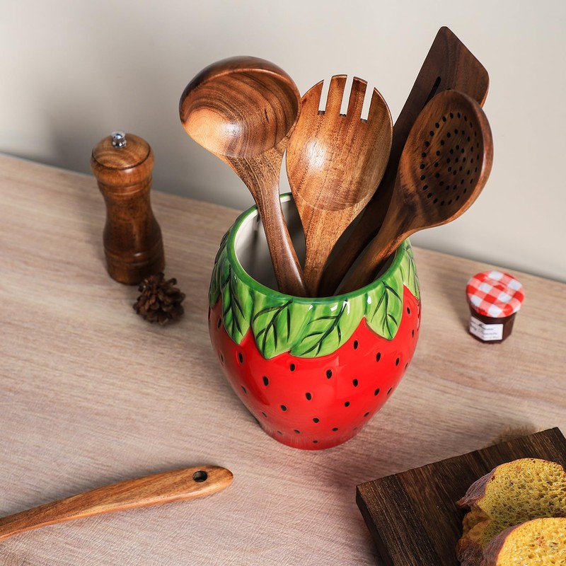 Bicuzat Strawberry Shaped Ceramic Kitchen Utensil Holder, Large Cooking Utensil