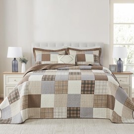 FineStichery 100% Cotton King Bedspread 120"x120", Oversized Quilt Bedspread Coverlet Set, Farmhouse Plaid Patchwork Pattern, Reversible Quilted Bedding Set, 3 Pieces, Khaki/Gray/Brown