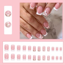 Pack of 24 Valentine's Day False Nails Square Short Pink Love Heart Artificial Nails Press On Nails, Glitter French Artificial Nails for Sticking with Design, Fingernails Fake Nails for Women and