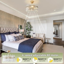 Gryalcy Gold Crystal Fandelier Ceiling Fan, 20" Mid-Century Chandelier Ceiling Fans with Lights Remote Control, Caged Modern Enclosed with 6 Speeds for Bedroom, Living Room