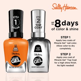 Sally Hansen Miracle Gel Salon Quality Nail Polish | Gel-Like Formula, Two-Step System, No UV Light Needed, Long Lasting | Sheer, Glittery | 386 Gelebrate | Bright Orange Nail Color