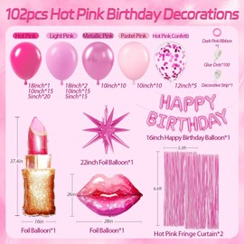 Hot Pink Birthday Decorations with Hot Pink Light Pink Confetti Balloons Happy Birthday Foil Balloons Fringe Curtains for Hot Pink Happy Birthday Decorations for Women Adults