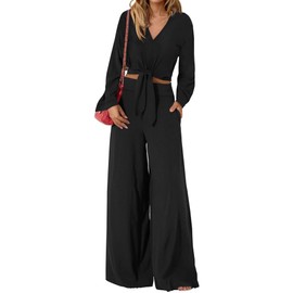 PRETTYGARDEN Women's 2 Piece Outfits 2025 Spring Casual V Neck Long Sleeve Strappy Crop Top Wide Leg Palazzo Pant Sets(Solid Black,XX-Large)