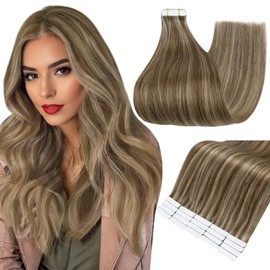 Full Shine Hair Extensions Tape in Human Hair 18 Inch 50 Gram Color 4 Medium Brown Highlight with 27 Honey Blonde Tape in Remy Natural Hair Extensions 20 Pcs Add Volume Hair Tape in Extensions