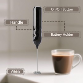 RAYONNER Milk Frother Handheld, Fast Powerful Drink Mixer with Stainless Steel Whisk for Coffee, Battery operated (Black)