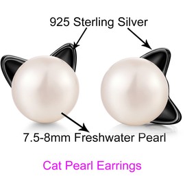Cat Earrings Cat Stud Earrings Cat Pearl Earrings for Women Cat Jewelry 925 Sterling Silver Cat Earrings for Women Silver Black Freshwater Cultured Pearl Stud Earrings Kitty Earrings Han han