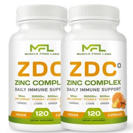 MUSCLE FOOD LABS Z D C Plus | Vitamin C, 500mg | Vitamin D3, | Zinc, | Turmeric | Ginger | Lysine | Non-GMO & Gluten Free | Veggie Caps | 2 Pack