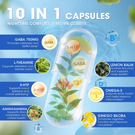 GABA Supplements 750mg with L Theanine, 5HTP, Ashwagandha, Lemon Balm, Ginkgo Biloba, Omega-3, 10 in 1 GABA Calm Capsules for Sleep, Relaxation, Focus, Mood Support, Cortisol Balance - 90CT