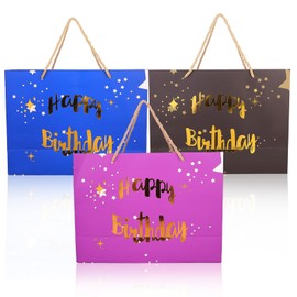 wudianbanCC 13'' Large Birthday Gift Bag (3 Pack) Golden Happy Birthday Print, Suitable for Birthday Party/BabyShower 13''*9.8''*4.7''(Blue/Black/Purple)