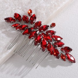 Lenjicons Sparkling Red Rhinestone Hair Comb Silver Wedding Hair Accessories Handmade Rhinestone Headpiece Teardrop Rhinestones Hairpiece for Wedding Women (silver red)