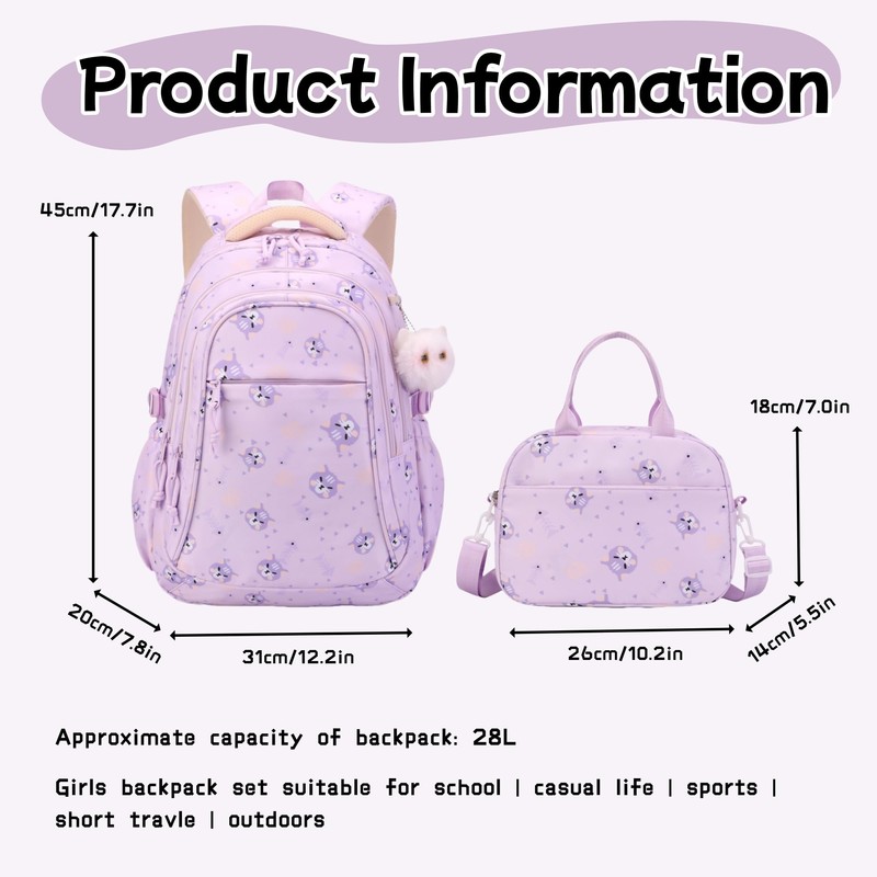 2Pcs Girls Backpack for Kids School Bag with Lunch Bag,