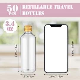 Yiyiring 50 Pack 3.4 oz Travel Bottles Plastic Empty Bottles Leak Proof with Aluminium Screw Cap Portable Dispensing Squeeze Refillable Containers for Travel Liquid Essential Oil(Gold)