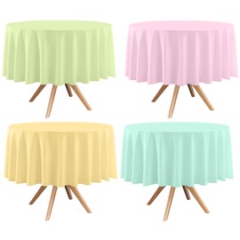 EUVBOKW 4 Pack Round Pastel Table Cloths for Parties,84 Inch Colorful Plastic Tablecloth,Disposable Table Cover for Birthday Wedding Baby Shower Party Decoration (Pink Yellow Green)