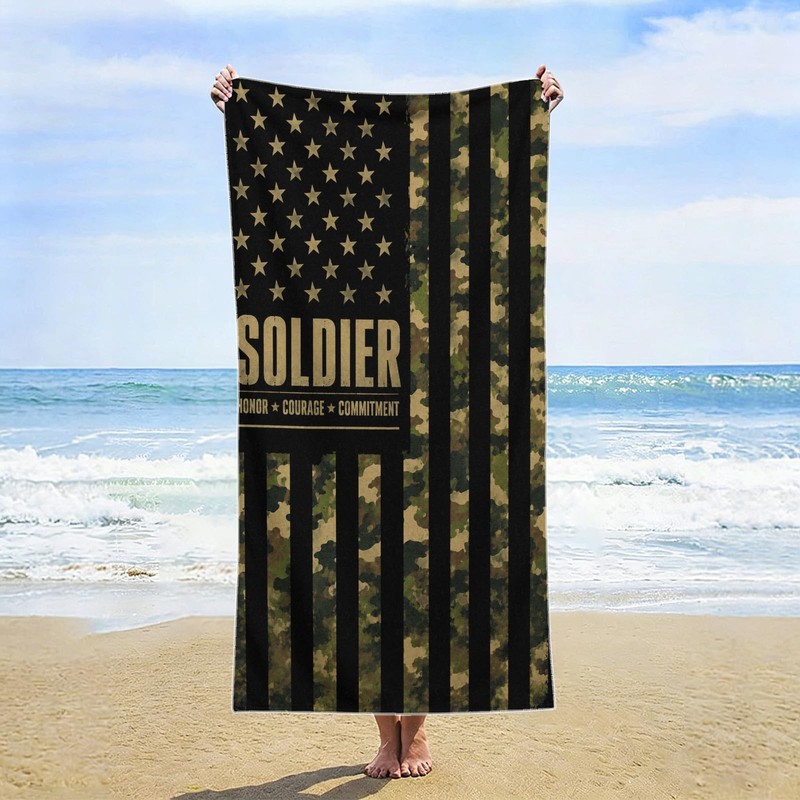 Camo USA Flag Faith Beach Towel, Large Absorbent Quick Dry