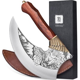 TIVOLI Ulu Knife 9-inch Pizza Cutter Axe, Viking Butcher Cleaver Knife, German 1.4116 Super Steel Rose Wooden Handle with Sheath & Box, Mincing Meat Vegetable Rocking Knives Birthday Gift Men Women