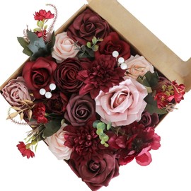 Boojarr Artificial Flowers Burgundy Pink Real Looking Fake Roses with Stems for DIY Wedding Bridal Bouquets,Home Party Table Centerpieces Arrangements Decorations Indoor Outdoor Valentines Decor