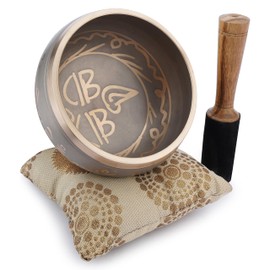 Ajuny Tibetan Singing Bowl Set - Handcrafted Meditation Brass Sound Bowl with Stick and Cushion for Yoga, Chakra Healing, Mindfulness and Stress Relief Spiritual Gifts - Beige