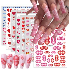 8 Sheets Valentine's Day Heart Nail Art Stickers Pink Plaid Heart Nail Decals 3D Self-Adhesive Bow Rose Nail Decals Stickers Strawberry Nail Supplies Nail Art for Women Nail Valentine's Day Decoration