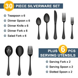 LIANYU 36-Piece Black Silverware Set with Serving Utensils, Stainless Steel Black Silverware Flatware Set for 6, Cutlery Tableware Includes Forks Spoons Knives, Mirror Polished, Dishwasher Safe