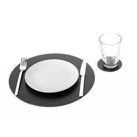 Nikalaz Round Placemats and Coasters Recycled Leather Place Mats, Set of 2 Place Mats and 2 Coasters, Table Mats Placemats 33 cm and Coaster 10 cm (Black)