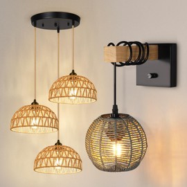 N05 3 Lights Adjustable Length Pendant Light,Pendant Light Fixture with Woven Handmade Basket + N01 100% Dimmer Wall Sconce with Hand Woven,Rattan Boho Wall Lamp,Farmhouse Wall Mount Light Fixture