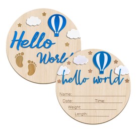 Hello World Baby Sign, 5.9 Inch Double-Sided Wooden Cute Baby Announcement Sign, Birth Announcement for Newborn Boy Girl Photo Props Hospital Nursery(Dark Blue)