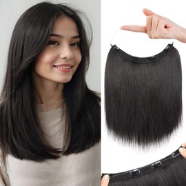 REECHO 12" Invisible Wire Hair Extensions with Thinner Softer Lace Weft Adjustable Size Removable Secure Clips in Short Straight Secret Hairpiece for Women (Off Black)