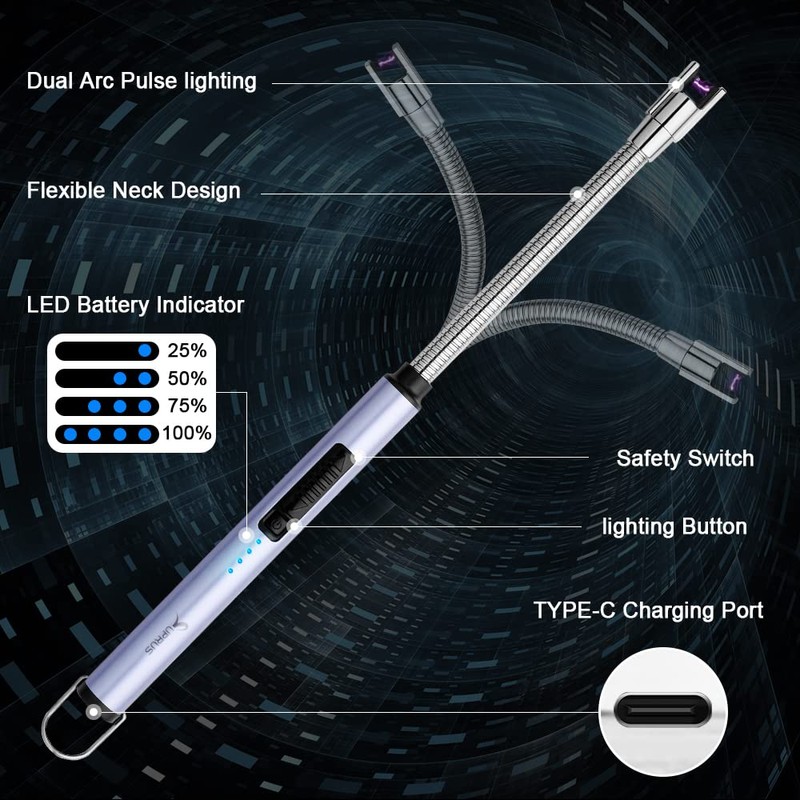 SUPRUS Electric Candle Lighter USB Type C Rechargeable Lighter Steel