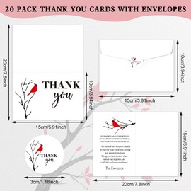 20 Set Cardinal Funeral Thank You Cards with Envelopes and Stickers, Sympathy Cards Bulk Funeral Memorial Bereavement Gifts for Family Friends Loved Ones Celebration of Life