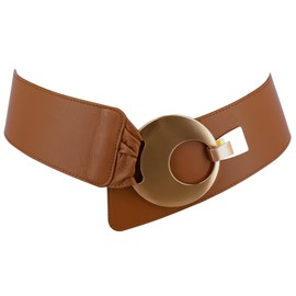 FASHIONGEN Solaine Wide Women's Belt Made of Genuine Leather with Round Cross Buckle, Camel (Golden Buckle)