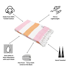 InfuseZen Soft Terryback Large Turkish Towel, Striped Terry Backed Peshtemal Bath Towel, Gym and Beach Towel, Thin Oversized Hammam Towel, Plus Size Fouta (Pink Orange)