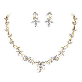 BriLove Wedding Jewelry Set for Bride Bridesmaid Marquise CZ Flower Leaf Vine Filigree Necklace Earrings Clear-Gold Toned