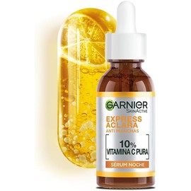 Garnier Express Aclara Serum Noche Antimanchas con 10% Vitamina C Pura para una Piel Radiante, reduce las Manchas durante la Noche, 30ml 10% vitamina C pura, reduce manchas, ácido hialurónico, regeneración nocturna, vegana, Cruelty Free