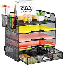 Lavatino 5 Tray Desk Organizer with Drawer, Mesh Paper Letter Tray Organizer with Handle and 2 Pen Holder, Desktop File Organizer and Storage for Letter/A4 Office File Folder