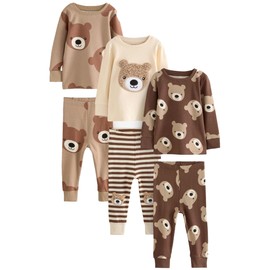NEXT Snuggle 3 Pack 100% Cotton Pyjamas, Brown/Cream