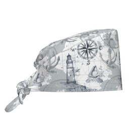 Submarine World, Lighthouse, Anchor ?S?Chart and Compass Breathable Scrub Hat for Nurses & Doctors Adjustable Working Cap with Moisture-Wicking Fabric