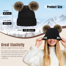 Arctic Paw Beanies Women Knit Beanie Hat Double Pompom Beanie Faux Fur Ears Winter Hats Black