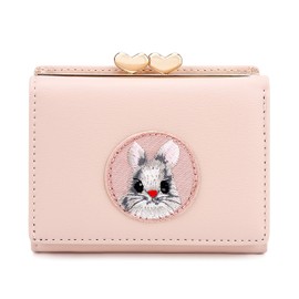 JIUFENG Women's RFID Protected Short Wallet Multipurpose Purses Animal Embroidered Wallet Credit Card Holder Coin Pockets, pink, Casual