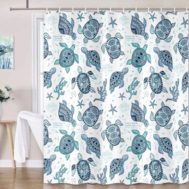 Wathon Sea Turtle Shower Curtain Blue Teal Ocean Nautical Bath Curtain Fish Underwater Animal Seashell Coastal Theme Bathroom Decor Set Hooks Included 72X72IN