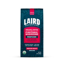 Laird Superfood Peruvian Medium Roast Coffee with Functional Mushrooms, Certified Organic Peruvian Ground Coffee Beans, Gluten-Free, Dairy-Free, Non-GMO, Paleo, Keto Friendly, 12 oz. Bag