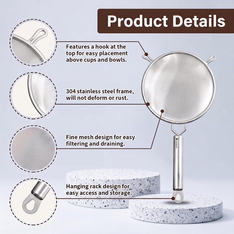 Double-Layer Fine Mesh Strainer, 4.7 Inch Stainless Steel Double Ear