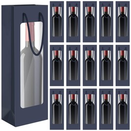 50 Pcs Wine Gift Bag with Window 4.9" x 3.6" x 14.2" Kraft Paper Wine Bags with Windows Kraft Paper Flower Wrapping Bag Transparent Window Bags for Valentine's Day Birthday Wedding (Navy Blue)
