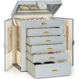 AKOZLIN Large Jewelry Box Organizer Functional Lockable with Big Mirror, Leather Jewelry Storage Case for Women Girls Ring Necklace Earring Bracelet Holder Organizer Grey