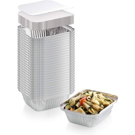 Pack of 50 Aluminium Disposable Foil Food Container with Lids, Reusable Takeaway Containers, Great for Baking Roasting Cooking Food Storage, 14.5 x 12.5 x 4.5cm