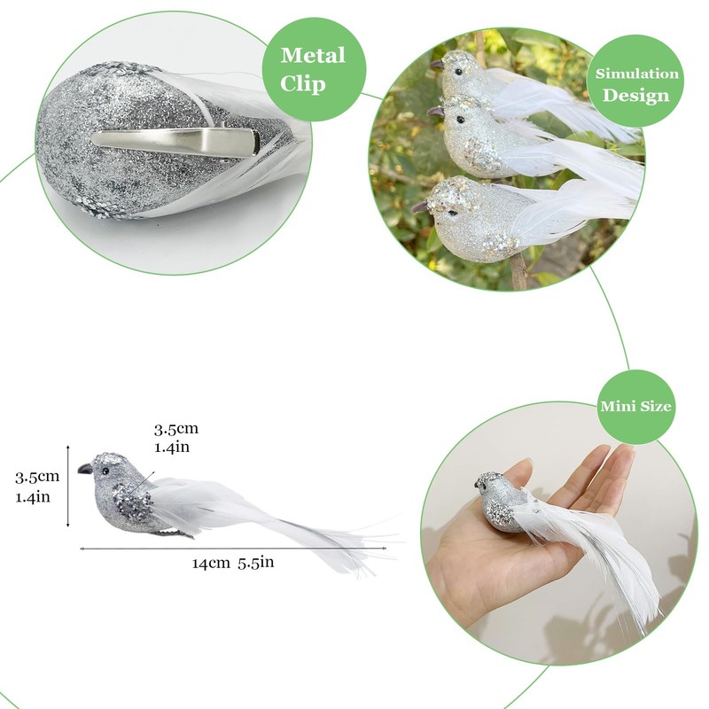 6pcs Silver Glitter Birds Decorations Christmas Tree Clip on Bird